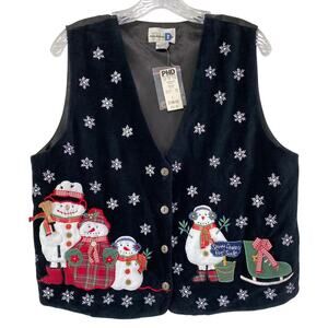 VTG NWT Snowman Winter Theme Black Velvet Vest Sz L Paul Harris Design Deadstock